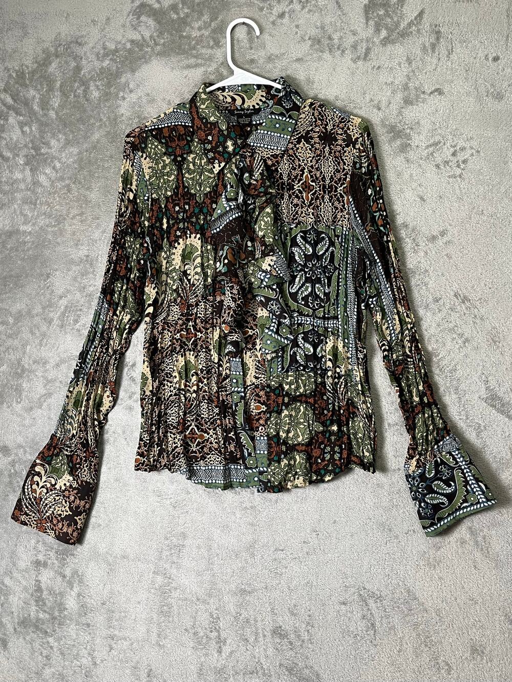Vintage Y2K Patchwork Paisley Button Down Blouse Flare Cuff Boho Fairy Grunge